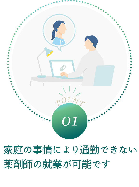 家庭の事情により通勤できない薬剤師の就業が可能です